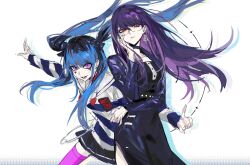 Rule 34 | 2girls, amemiya darumi, binxngchng1, black choker, black hair, black jacket, blue eyes, choker, cropped jacket, earrings, floating hair, glasses, highres, jacket, jewelry, long hair, looking at viewer, multicolored hair, multiple girls, pink eyes, pointing, pointing at viewer, purple hair, red eyes, shizuhara hiruko, simple background, the hundred line -last defense academy-, twintails, two-tone hair, white background
