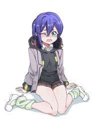 1girl bare_legs black_hoodie blush brown_skirt d; dalidari27 drawstring frown green_eyes grey_jacket hair_between_eyes haraga_kurumi headphones headphones_around_neck highres hood hood_down hoodie jacket kimi_no_koto_ga_dai_dai_dai_dai_daisuki_na_100-nin_no_kanojo long_sleeves loose_socks miniskirt nose_blush one_eye_closed open_mouth pleated_skirt purple_hair shirt shoes short_hair simple_background sitting skirt socks solo sweat wariza white_background white_shirt white_shoes wince wing_collar