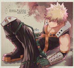 1boy bakugou_katsuki belt black_pants blonde_hair boku_no_hero_academia boots border buckle character_name closed_mouth commentary_request dated explosive foot_out_of_frame frown gloves grenade grey_border hair_between_eyes happy_birthday highres knee_pads looking_ahead male_focus pants pectoral_cleavage pectorals red_eyes shirt short_hair sitting snap-fit_buckle solo superhero_costume toned toned_male tsukota
