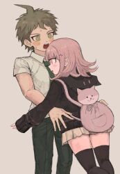 1boy 1girl ahoge animal_bag black_jacket black_thighhighs blush brown_hair brown_skirt cat_bag d: danganronpa_(series) danganronpa_2:_goodbye_despair green_necktie highres hinata_hajime hood hood_down hooded_jacket hug jacket miniskirt nanami_chiaki necktie open_mouth pink_bag pleated_skirt short_hair short_sleeves simple_background skirt sweat teeth thighhighs umi_zabuzabu upper_teeth_only zettai_ryouiki