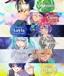 2girls 4boys :d :p absurdres alternate_costume alternate_hairstyle animal_ears aqua_eyes beret black_hair blonde_hair blue_hair blunt_bangs blunt_ends bright_pupils character_name clenched_hands closed_mouth collared_shirt colored_eyelashes colored_tips cyno_(genshin_impact) ear_ornament earrings emblem eyelashes eyeliner eyes_visible_through_hair eyeshadow faruzan_(genshin_impact) fingernails fox_ears genshin_impact gradient_hair green_hair green_hat green_jacket green_necktie grey_hair hair_between_eyes hand_on_own_face hands_up hat highres index_finger_raised jacket jewelry kaveh_(genshin_impact) lapels layla_(genshin_impact) long_hair makeup money_gesture multicolored_hair multiple_boys multiple_girls necktie one_eye_closed open_mouth pointy_ears ponytail purple_eyes purple_hair raised_eyebrows red_eyeliner red_eyes red_eyeshadow scaramouche_(genshin_impact) shirt sidelocks smile sugarcanedove symbol-shaped_pupils tighnari_(genshin_impact) tongue tongue_out triangle-shaped_pupils tsurime twintails white_hair white_pupils white_shirt wispy_bangs yellow_eyes