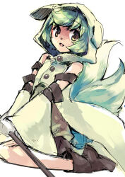1boy akr_et animal_hood animal_nose arm_belt boots brown_boots brown_eyes brown_shorts buttons child coattails detached_sleeves dog_boy dog_tail faulklin from_side gloves green_hair happy holding holding_staff hood looking_at_viewer shining_(series) shining_force_exa shorts simple_background sitting solo staff tail wariza