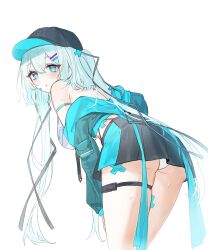 1girl absurdres ass bare_shoulders baseball_cap bent_over black_hat black_skirt blue_eyes blue_jacket boong0619 breasts commentary_request commission crop_top cross-shaped_pupils from_behind hat highres jacket korean_commentary long_hair long_sleeves looking_at_viewer looking_back medium_breasts midriff miniskirt off_shoulder open_mouth original panties pantyshot pleated_skirt shirt simple_background skirt sleeveless sleeveless_shirt solo sweat symbol-shaped_pupils thigh_strap thighs twintails underwear very_long_hair white_background white_hair white_panties white_shirt