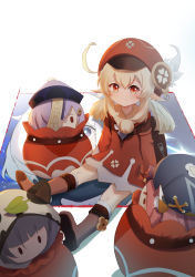 1girl absurdres ahoge backpack bag boots brown_boots brown_scarf newsboy_cap cameo character_doll child clover_print coat commentary_request diona_(genshin_impact) full_body genshin_impact hair_between_eyes hat hat_feather hat_ornament highres jumpy_dumpty klee_(genshin_impact) knee_boots kneehighs light_brown_hair long_hair long_sleeves looking_at_viewer low_twintails orange_eyes paimon_(genshin_impact) pocket pointy_ears qiqi_(genshin_impact) qixia randoseru red_coat red_hat sayu_(genshin_impact) scarf sidelocks simple_background sitting smile socks solo twintails white_background