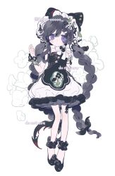 1girl animal_ears apron black_hair bow dress flower frilled_dress frills full_body hair_ornament hands_up highres long_hair low_twintails maid_headdress memuro original purple_eyes shoes sleeveless sleeveless_dress standing twintails white_background white_dress
