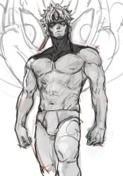 1boy absurdres af_cf briefs closed_mouth cowboy_shot dandadan enjoji_jin evil_eye_(dandadan) greyscale highres looking_at_viewer male_focus male_underwear monochrome muscular muscular_male parted_bangs possessed short_hair sketch solo standing third_eye topless_male underwear