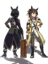2girls animal_ears asymmetrical_shirt black_boots black_coat black_hair black_pants boots braid brown_eyes brown_hair chest_strap closed_mouth clothing_cutout coat collared_shirt commentary_request crown_braid dress_shirt ear_ornament feather_hair_ornament feathers from_behind full_body goggles goggles_around_neck hair_between_eyes hair_ornament high_heels highres horse_ears horse_girl horse_tail kin&#039;iro_ryotei_(umamusume) long_sleeves multiple_girls no_uwazumi open_clothes open_coat pants ponytail shadow shirt simple_background standing stay_gold_(umamusume) suitcase tail tail_through_clothes torn_clothes torn_coat torn_pants umamusume white_background white_hair white_shirt yellow_coat