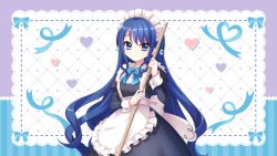1girl alternate_costume apron bamboo_broom black_dress blue_bow blue_bowtie blue_eyes blue_hair blush bow bowtie breasts broom closed_mouth cowboy_shot dot_nose dress enmaided film_grain frilled_apron frills futaba_shiho game_cg heart holding holding_broom izumi_tsubasu long_hair long_skirt long_sleeves looking_at_viewer maid maid_apron medium_breasts mole mole_under_mouth non-web_source official_art re:stage! skirt smile solo very_long_hair white_apron