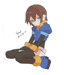 Rule 34 | 1girl, aile (mega man zx), black bodysuit, blue footwear, blue jacket, bodysuit, bodysuit under clothes, brown hair, cropped jacket, full body, green eyes, highres, jacket, mayutsuba mono, mega man (series), mega man zx, robot ears, short hair, shorts, sketch, solo, tears, translation request, white shorts
