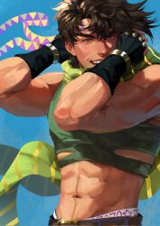1boy abs arms_up battle_tendency belt belt_buckle black_belt black_gloves blue_background brown_hair buckle commentary cowboy_shot crop_top english_commentary fingerless_gloves gloves green_eyes green_scarf green_shirt headband highres jojo_no_kimyou_na_bouken joseph_joestar joseph_joestar_(young) lips lis_cepu looking_at_viewer male_focus male_underwear male_underwear_peek midriff navel patterned_clothing scarf shirt simple_background sleeveless sleeveless_shirt smile solo teeth toned toned_male underwear