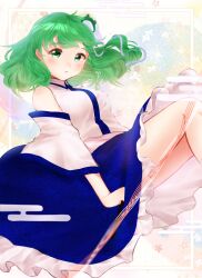 1girl :o absurdres bare_shoulders blue_skirt blush border breasts collared_shirt detached_sleeves dot_nose feet_out_of_frame flower_symbol frog_hair_ornament green_eyes green_hair hair_behind_ear hair_intakes hair_ornament highres kochiya_sanae long_sleeves looking_at_viewer medium_breasts medium_hair motsi_x open_mouth patterned_background patterned_clothing petticoat print_skirt shirt single_sidelock skirt skirt_set sleeveless sleeveless_shirt snake_hair_ornament solo touhou unfinished_dream_of_all_living_ghost wavy_hair wide_sleeves wings