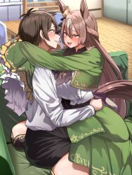 Rule 34 | 1boy, 1girl, absurdres, animal ears, assertive female, blush, braid, breasts, brown eyes, brown hair, commission, frilled sleeves, frills, highres, horse ears, horse girl, horse tail, hug, large breasts, long hair, open mouth, satono diamond (umamusume), short hair, skeb commission, sleeves past wrists, smile, smoke klll, tail, trainer (umamusume), umamusume, very long hair, wide sleeves