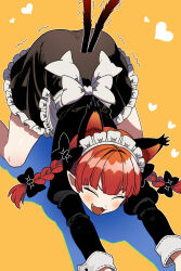 1girl ^_^ alternate_costume animal_ears apron back_bow black_dress blush bollzzalguy bow braid cat_ears cat_girl cat_tail closed_eyes dress enmaided extra_ears fang hair_bow hashtag-only_commentary heart highres juliet_sleeves kaenbyou_rin long_hair long_sleeves maid maid_headdress multiple_tails open_mouth orange_background pointy_ears puffy_sleeves red_bow red_hair solo stretching tail top-down_bottom-up touhou twin_braids two_tails white_apron white_bow