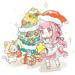 1girl ^_^ ahoge animal arm_cutout bare_shoulders belt black_belt black_ribbon blunt_bangs bow bow_choker bowtie bra_strap brown_eyes candy candy_cane cat chibi chinese_commentary choker christmas christmas_ornaments christmas_tree cloak closed_eyes closed_mouth clothed_animal commentary_request dot_nose ear_covers eyelashes food frilled_shirt frilled_skirt frilled_sleeves frills fur-trimmed_headwear fur_trim gift hair_ribbon happy hat holding holding_sword holding_weapon holly hood hood_up hooded_cloak infinity_nikki jintianshigehaotianqine kneehighs layered_skirt light_blush long_hair long_sidelocks long_sleeves medium_skirt momo_(nikki) navel nikki_(nikki) nikki_(series) off-shoulder_shirt off_shoulder open_mouth perfect_start_(infinity_nikki) pink_bow pink_bowtie pink_choker pink_hair pink_shoes pink_skirt pom_pom_(clothes) puffy_long_sleeves puffy_sleeves red_bow red_bowtie red_hat ribbon santa_hat shadow shirt shoes sidelocks simple_background skirt sleeves_past_wrists smile socks sparkle standing sword tareme traditional_bowtie tress_ribbon very_long_hair wavy_hair weapon whiskers white_background white_cat white_shirt white_skirt white_socks yellow_cloak