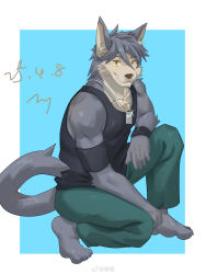 1boy absurdres animal_ears armband barefoot biceps black_tank_top collarbone commentary dated dog_boy dog_ears dog_nose dog_tags dog_tail furry furry_male green_pants grey_fur grey_hair highres jewelry kouya_aotsuki looking_at_viewer male_focus mixed-language_commentary morenatsu muscular muscular_male necklace pants signature smile tail tank_top tyoung_233 wristband yellow_eyes