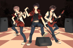 00s 1990s_(style) 3boys alternate_costume amplifier armband band_(music) bass_guitar guitar headphones highres instrument jikei male_focus microphone microphone_stand multiple_boys multiple_persona nintendo no_headwear on_stage performance pokemon pokemon_adventures pokemon_frlg pokemon_rgby red_(pokemon) red_(pokemon_frlg) retro_artstyle speaker