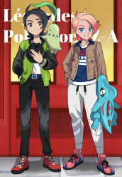 2boys ahoge asatsuki_(fgfff) belt black_hair black_hat black_pants blue_belt blue_eyes blue_shirt bracelet brown_eyes brown_jacket chikorita closed_mouth commentary_request copyright_name day gen_2_pokemon green_jacket grin hat highres jacket jewelry male_focus multiple_boys nintendo outdoors pants paxton_(pokemon) pink_shoes pokemon pokemon_(creature) pokemon_legends:_z-a pokemon_on_arm red_shoes shirt shoes smile standing teeth totodile urbain_(pokemon)