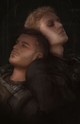 Rule 34 | 2boys, absurdres, adam&#039;s apple, belt, black belt, black jacket, blonde hair, blue eyes, brown hair, call of duty, call of duty: modern warfare 2, chest belt, closed eyes, closed mouth, commentary, english commentary, eyelashes, facial hair, ghost (modern warfare 2), head on another&#039;s shoulder, head rest, highres, jacket, jeleynai, looking ahead, male focus, mohawk, multiple boys, multiple scars, realistic, scar, scar on face, signature, soap (modern warfare 2), upper body