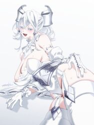 1girl bare_shoulders blush breasts cleavage cowboy_shot demon_girl demon_horns detached_sleeves dress drill_hair duel_monster earrings gloves highres horns huge_breasts jewelry lovely_labrynth_of_the_silver_castle pointy_ears sanzakasun signature solo strapless strapless_dress twin_drills white_dress white_eyes white_gloves white_hair white_sleeves yu-gi-oh!