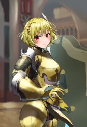 Rule 34 | 1girl, absurdres, alternate costume, armor, blonde hair, citrinne (fire emblem), closed mouth, fire emblem, fire emblem engage, gold armor, gold gloves, hair ornament, highres, looking at viewer, mu tu bu, nintendo, red eyes, wing hair ornament