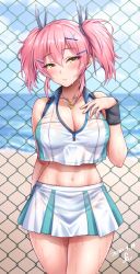 1girl azur_lane bare_shoulders beach blue_sky blush breasts bremerton_(azur_lane) bremerton_(azur_lane)_(cosplay) bremerton_(scorching-hot_training)_(azur_lane) chain-link_fence cleavage closed_mouth collarbone cosplay crop_top crop_top_overhang day eyelashes female_focus fence gloves hair_ornament hairclip hand_on_own_chest heart heart_necklace highres idolmaster idolmaster_cinderella_girls jewelry jougasaki_mika large_breasts long_hair looking_at_viewer midriff necklace ocean pink_hair sidelocks sky solo sportswear sweat tennis_uniform thighs twintails two-tone_shirt two-tone_skirt wristband yellow_eyes yoohi