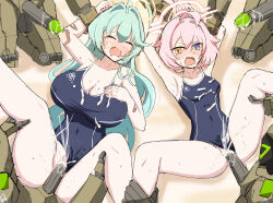 2girls 4others absurdres blue_archive closed_eyes cum cum_in_pussy gang_rape heterochromia highres hoshino_(blue_archive) hoshino_(young)_(blue_archive) kakochan lying multiple_girls multiple_others official_alternate_costume one-piece_swimsuit pink_hair rape sex swimsuit yume_(blue_archive)