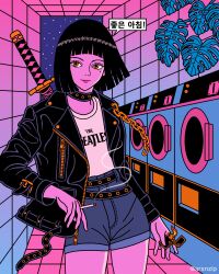 Rule 34 | 1girl, arsnzip, artist name, black choker, black hair, blunt bangs, bob cut, chain, choker, cigarette, closed mouth, clothes dryer, colored skin, commentary, cowboy shot, denim, denim shorts, english commentary, fire, group name, highres, holding, holding cigarette, holding lighter, jacket, katana, laundromat, leaf, light smile, lighter, looking at viewer, monstera deliciosa, open clothes, open jacket, orange eyes, original, pink skin, plant, sheath, sheathed, shirt, shorts, smoke, solo, standing, sword, sword on back, translation request, vaporwave, weapon, weapon on back, zippo lighter