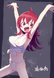 1girl :d ahoge armpits arms_up breasts crossed_bangs fundoshi grey_background happi hrgm idolmaster idolmaster_shiny_colors japanese_clothes komiya_kaho long_hair medium_breasts mizu_happi navel open_mouth oppai_loli red_eyes red_hair see-through_clothes simple_background smile steam steaming_body sweat wet wet_clothes