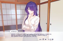 Rule 34 | 1girl, acheron (honkai: star rail), alternate costume, architecture, breasts, closed mouth, collarbone, commentary, east asian architecture, english commentary, english text, highres, honkai: star rail, honkai (series), long hair, looking at viewer, medium breasts, multicolored hair, purple eyes, purple hair, samlatte, shirt, signature, solo, streaked hair, very long hair, visual novel, white shirt