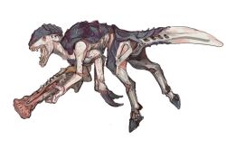 alien biomechanical carapace claws gun highres holding holding_weapon hooves monster mossacannibalis no_humans open_mouth sharp_teeth tail teeth tyranid warhammer_40k weapon white_background