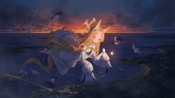 Rule 34 | 1girl, absurdres, akizuki kawakaze, animal ear fluff, animal ears, ascot, bird, blonde hair, blue archive, blue ascot, blush, detached sleeves, flower, forehead, fox ears, fox girl, fox tail, hair flower, hair ornament, highres, long hair, looking at viewer, no shoes, ocean, pantyhose, pink eyes, scenery, seia (blue archive), sleeves past fingers, sleeves past wrists, smile, solo, striped clothes, striped pantyhose, tail, vertical-striped clothes, vertical-striped pantyhose, white flower, white pantyhose