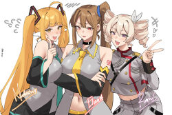 3girls akita_neru akita_neru_(cosplay) bare_shoulders black_choker black_skirt black_sleeves blonde_hair breasts brown_hair buttons center_opening character_request check_character check_copyright choker collared_shirt copyright_request cosplay crop_top crop_top_overhang crossed_arms detached_sleeves double-breasted drill_hair elina_(pinepin) frown grey_jacket grey_shirt hand_up hatsune_miku hatsune_miku_(cosplay) head_wings highres jacket kasane_teto kasane_teto_(cosplay) kasane_teto_(sv) large_breasts long_hair long_sleeves looking_at_viewer midriff mole mole_under_eye multiple_girls natasha_(pinepin) navel necktie open_mouth orange_eyes original pinepin pink_eyes rara_(pinepin) red_eyes shirt side_ponytail skirt sleeveless sleeveless_shirt smile synthesizer_v twin_drills twintails utau v very_long_hair vocaloid white_hair wings yellow_necktie