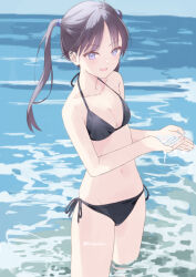 1girl bare_shoulders bikini black_bikini black_hair blush breasts collarbone hair_ornament hondahiro long_hair looking_at_viewer navel ocean open_mouth original small_breasts smile solo stomach swimsuit thighs twintails water