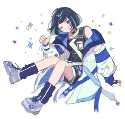 1boy ;d absurdres aqua_hair belt black_hair black_shirt black_shorts blue_trim blunt_ends choker coat colored_inner_hair dot_nose ensemble_stars! fingerless_gloves full_body gloves grey_shoes grin hand_up happy highres invisible_chair looking_at_viewer male_focus multicolored_hair official_alternate_costume one_eye_closed open_clothes open_coat open_mouth pointing pointing_at_self pointing_with_thumb purple_eyes sagiri_esu shirt shoes shorts simple_background single_glove single_off_shoulder sitting smile sneakers solo special_for_princess!_(ensemble_stars!) star_(symbol) streaked_hair trap unfinished uta_(utamilk) white_background white_belt white_coat zipper zipper_pull_tab