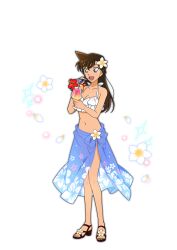 Rule 34 | 1girl, :d, bikini, black hair, blue sarong, breasts, brown sandals, cleavage, collarbone, crossed bangs, cup, drinking glass, drinking straw, falling petals, floral print sarong, flower, frilled bikini, frills, full body, hair flower, hair ornament, halterneck, hibiscus, holding, holding cup, hurricane glass, long hair, looking at object, meitantei conan, mouri ran, navel, non-web source, official art, open mouth, petals, red flower, sandals, sarong, see-through clothes, see-through sarong, smile, solo, sparkle, standing, swimsuit, transparent background, white bikini, white flower, white petals