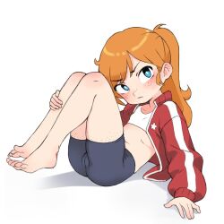 Rule 34 | 1girl, barefoot, bike shorts, black shorts, blue eyes, body freckles, cameltoe, closed mouth, commission, feet, female focus, flat chest, freckles, full body, hand on own leg, jacket, legs up, long hair, long sleeves, looking at viewer, orange hair, original, qtkat, red jacket, shorts, simple background, sitting, solo, sports bra, thighs, toes, white background, white sports bra
