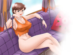 1girl aki_(pixiv_87336387) bound bound_wrists breasts brown_eyes brown_hair chain chained chained_wrists cleavage commentary_request covered_erect_nipples crossed_legs cuffs curtains earrings highres jewelry large_breasts lips lipstick looking_at_viewer lupin_iii makeup mine_fujiko navel restrained sitting smile solo