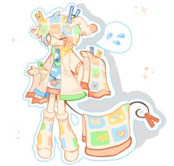 1other :3 androgynous animal_ears blanket blue_shirt clothes_pin clothesline cloud_print colored_skin heisei_retro hood hood_down hoodie leg_warmers metanoizes multicolored_hair open_clothes open_hoodie original other_focus personification shirt short_hair simple_background socks solo spoken_sweatdrop sweatdrop tail white_background white_hoodie white_skin