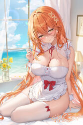Rule 34 | 1girl, apron, arm support, artist name, bed, bed sheet, blush, bow, bow apron, bow legwear, breasts, buttons, center frills, chinese commentary, cleavage, cloud, collared dress, commentary request, crossed bangs, curtains, day, desk lamp, dress, flower, frilled apron, frilled dress, frills, hair between eyes, hair ornament, hand up, head tilt, highres, holding, holding ribbon, indie virtual youtuber, indoors, kitakyuu, lamp, large breasts, lens flare, light particles, long hair, looking at viewer, nail polish, ocean, on bed, orange hair, picture frame, pink nails, plant, potted plant, red bow, red ribbon, ribbon, sitting, solo, sparkle, sunflower, sunlight, thighhighs, thighs, very long hair, virtual youtuber, white apron, white dress, white flower, white thighhighs, window, wrist cuffs, x hair ornament, yellow eyes, yokozuwari, yuuichi yuiko
