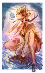 1girl brown_sclera colored_eyelashes colored_sclera commentary_request frog_girl full_body green_jacket highres hogara jacket long_hair looking_to_the_side monster_girl orange_eyes original outdoors pointy_ears sidelocks solo squatting standing water
