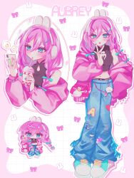1girl :o absurdres aegyo_sal animal_charm animal_ear_headphones animal_ears aqua_bow aqua_eyes aqua_nails aqua_shoes arm_at_side aubrey_(faraway)_(omori) aubrey_(omori) bag belt black_belt black_shirt blue_pants border bow braid breasts character_name chibi chibi_inset clothes_writing commentary copyright_name cropped_torso cup cupcake_bunny_(omori) denim disposable_cup double-parted_bangs drinking drinking_straw drinking_straw_in_mouth eyelashes fake_animal_ears forest_bunny?_(omori) full_body grey_nails grid_background hair_between_eyes hair_over_shoulder hand_up hands_up headphones highres holding holding_cup holding_phone jacket jacket_partially_removed jeans jewelry leaning_forward legs_together long_hair long_sleeves looking_at_phone looking_at_viewer midriff mr._plantegg_(omori) multicolored_nails multiple_views navel official_alternate_costume official_alternate_hairstyle omori outline outside_border pants phone pigeon-toed pink_bag pink_border pink_bow pink_jacket pink_nails puffy_long_sleeves puffy_sleeves purple_nails rabbit_ear_headphones ring shirt shoelaces shoes shoulder_bag sidelocks simple_background single_bare_shoulder sleeveless sleeveless_shirt small_breasts spoken_expression spoken_food standing star_(symbol) symbol-only_commentary torn_clothes torn_pants tsurime twin_braids v-shaped_eyebrows w w_over_mouth white_background white_outline yuyuyu_m5