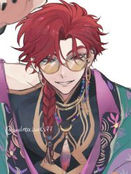 1boy alternate_costume andrea_wts77 arm_up black_nails black_shirt blurry braid braided_ponytail earrings gold_trim green_jacket grin hair_over_shoulder jacket jewelry long_hair looking_at_viewer male_focus multicolored_jacket nail_polish necklace off_shoulder red_eyes red_hair round_eyewear shiguang_dailiren shirt simple_background single_bare_shoulder single_braid sleeveless sleeveless_shirt smile solo tassel tinted_eyewear twitter_username upper_body white_background xiao_weiying yellow-tinted_eyewear