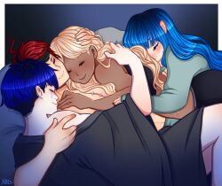 Rule 34 | 2boys, 2girls, ahoge, amemiya darumi, bisexual female, bisexual male, black hair, black nails, blonde hair, blue hair, blush, border, closed eyes, closed mouth, cuddling, dark-skinned female, dark skin, earrings, eyelashes, fingernails, gradient background, grey background, hair down, hand on another&#039;s head, hetero, highres, jewelry, kawana tsubasa, messy hair, mole, mole under mouth, multicolored hair, multiple boys, multiple girls, nail polish, omokage yugamu, red hair, scar, sleeping, smile, stitches, sumino takumi, the hundred line -last defense academy-, topless male, white border, yaoi, yuri