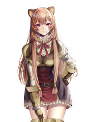 1girl animal_ear_fluff animal_ears arm_cuffs armor belt black_dress breastplate breasts brown_belt brown_gloves brown_hair closed_mouth collared_dress commentary cowboy_shot dress elbow_gloves english_commentary gloves hand_on_own_hip high_collar highres layered_dress leaning_forward leather_belt long_sleeves medium_breasts metal_arm_cuffs metal_wrist_cuffs neck_ribbon pauldrons raccoon_ears raccoon_girl raphtalia red_dress red_eyes red_ribbon ribbon saikunartworks shoulder_armor simple_background single_pauldron smile solo standing tate_no_yuusha_no_nariagari two-tone_dress white_background white_dress wrist_cuffs
