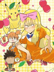 ! !! 2boys 3boys ? ash_ketchum ashley_(pokemon) asymmetrical_hair blonde_hair blush bow brock_(pokemon) brown_hair closed_eyes cosplay crossdressing dark-skinned_male dark_skin dress food fruit gen_1_pokemon hair_bow hair_ornament indian-style_sitting long_hair male_focus misty_(pokemon) multiple_boys nintendo open_mouth orange_dress orange_hair pikachu pokemon pokemon_(anime) pokemon_(classic_anime) ponytail shirt shoes short_sleeves side_ponytail sitting smile suspenders sweatdrop trap wig yellow_shirt