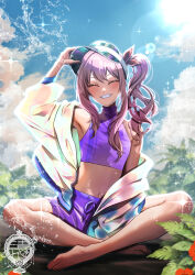 1other akiyama_mizuki alternate_costume ambiguous_gender artist_logo bare_shoulders barefoot blue_sky blurry blurry_background bow cloud commentary_request crop_top curly_hair day flower grin hair_bow hand_on_headwear highres holographic_clothing indian_style jacket jacket_partially_removed leaf lens_flare logo midriff navel outdoors pink_hair project_sekai purple_shirt purple_swim_trunks red_bow red_flower shirt side_ponytail sitting sky sleeveless sleeveless_shirt smile solo sparkle swimsuit teeth tiprip_kk visor_lift water