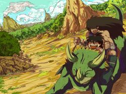 2boys ^_^ bandages bare_shoulders black_hair closed_eyes d_n dad-tan dinosaur riding_dinosaur father_and_son genshi_(jikuu_tantei_genshi-kun) hair_over_eyes horns jikuu_tantei_genshi-kun long_hair male_focus multiple_boys nature pointy_ears riding volcano