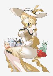 1girl aglaea_(honkai:_star_rail) anaxa_(honkai:_star_rail) animalization aqua_eyes blonde_hair breasts cat cipher_(honkai:_star_rail) closed_mouth dress hat highres honkai:_star_rail honkai_(series) medium_breasts mydei_(honkai:_star_rail) phainon_(honkai:_star_rail) rio_(rio773) sideboob simple_background smile solo tribbie_(honkai:_star_rail) white_background white_hat