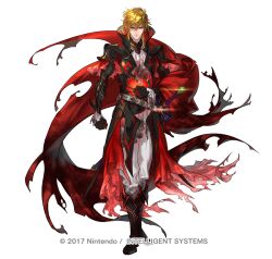 1boy alternate_costume armor black_armor blonde_hair boots copyright_notice eldigan_(fire_emblem) epaulettes fire_emblem fire_emblem:_genealogy_of_the_holy_war fire_emblem_heroes full_body gloves male_focus medium_hair nintendo official_art simple_background solo suzuki_rika sword weapon white_background yellow_eyes