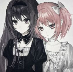 2girls akemi_homura black_dress black_hair black_hairband bow dress frilled_dress frills gd783hhh goth_fashion gothic_lolita hair_bow hairband highres kaname_madoka lolita_fashion long_hair looking_at_viewer mahou_shoujo_madoka_magica mahou_shoujo_madoka_magica_(anime) multiple_girls pink_eyes pink_hair puffy_sleeves purple_eyes short_twintails twintails white_bow white_dress